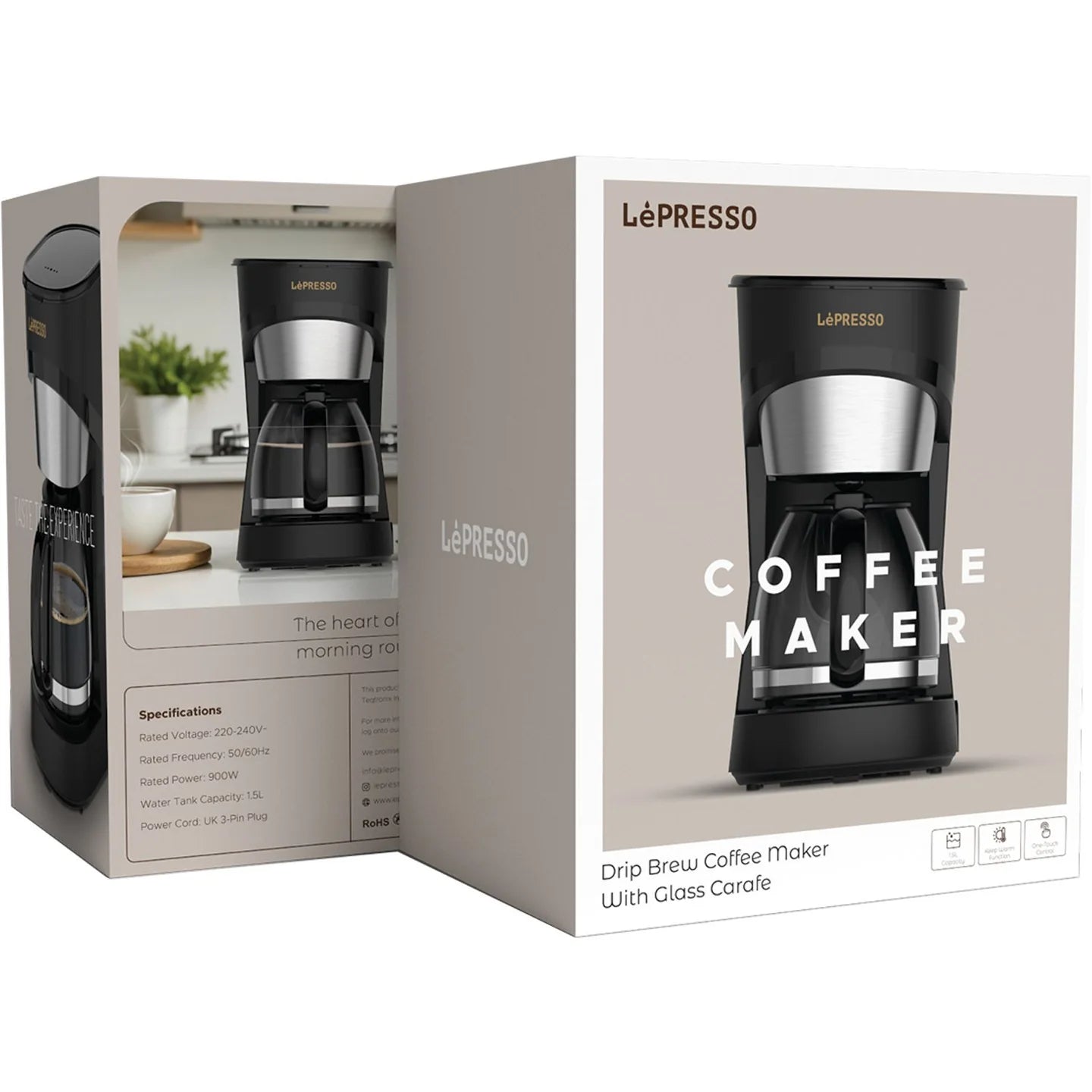 Drip Coffee Maker with Glass Carafe – 1.5L Capacity, 900W Power, Up to 15 Cups by LePresso