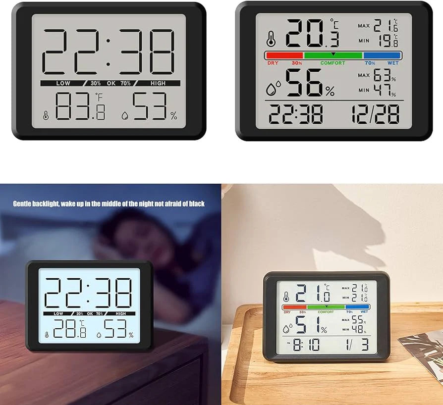 ساعة رقمية متعددة الوظائف مع شاشة LCD لعرض الوقت ودرجة الحرارة والرطوبة
