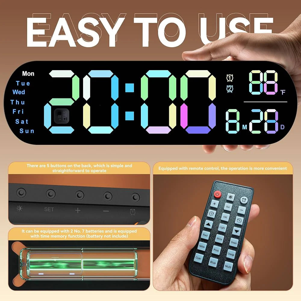 ساعة حائط رقمية كبيرة LED مقاس 13.7 بوصة مع ريموت وتحكم بالألوان