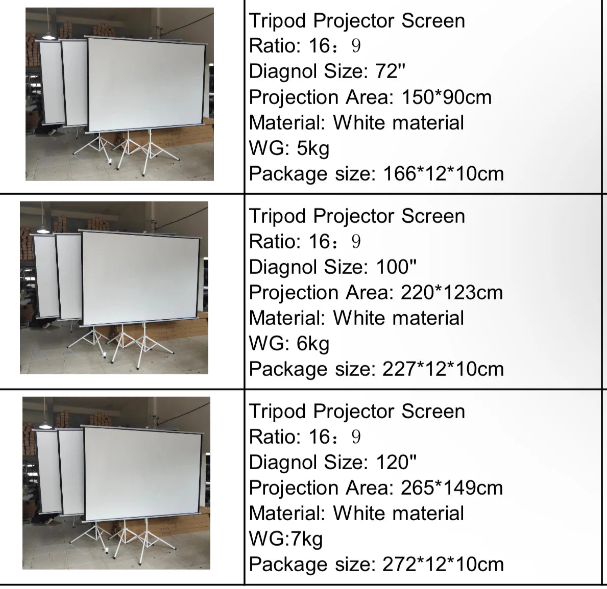 شاشة عرض قابلة للطي محمولة للبروجيكتور مع حامل ثلاثي سهل التثبيت مقاس 72 انش