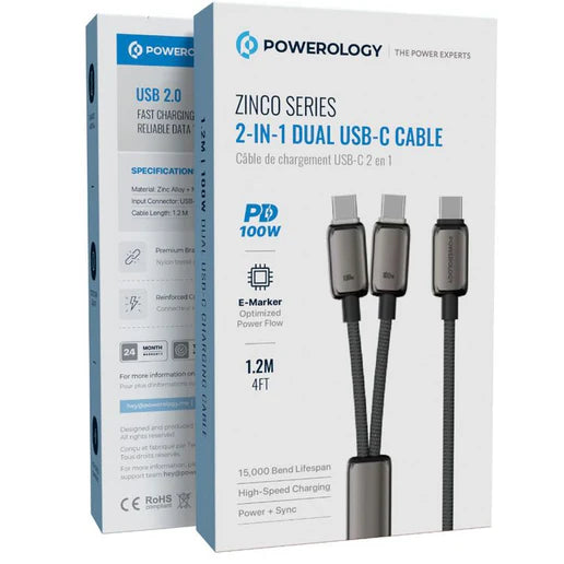 كابل زينكو سيريز 2 في 1 ثنائي USB-C بقدرة 100 واط من Powerology