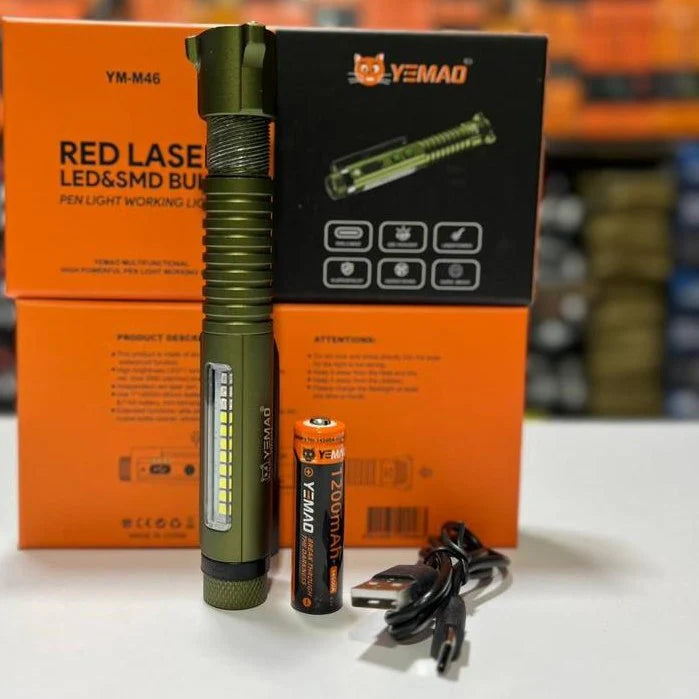 مصباح قلم متعدد الوظائف بضوء LED قوي وليزر أحمر – شحن Type-C – جسم معدني – مناسب للعمل والصيانة من YEMAO