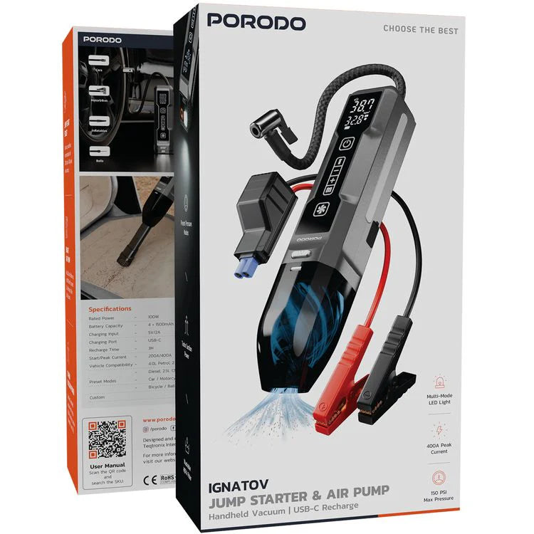 جهاز الطوارئ متعدد الاستخدامات مكنسة للسيارة وجامب استارتر ومنفاخ للعجلات مع اضاءة من Porodo