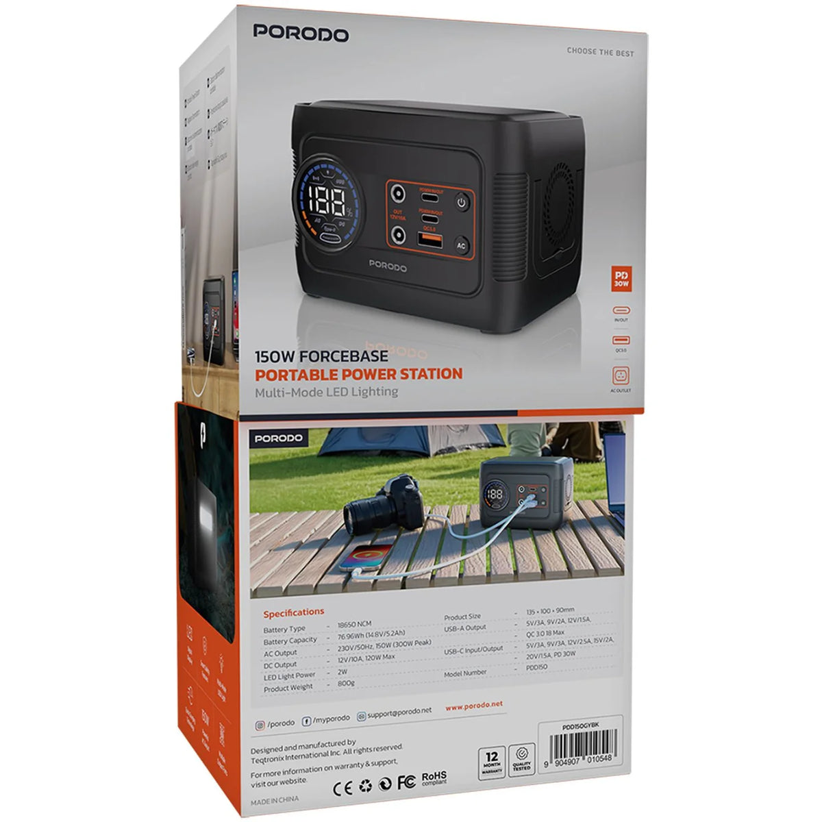 Porodo 150W Small Portable Power Station with Multi-Mode LED Light & Digital Display – 76.96Wh Capacity