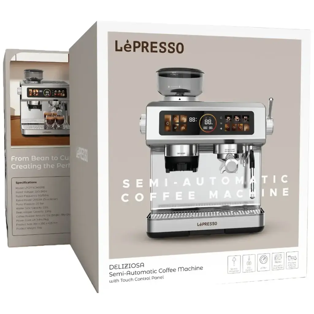 Coffee Machine with Grinder, Adjustable Grind Setting, 20 Bar Pressure, 2.8L Capacity, Cup Warming Tray, and Interactive Screen from Lepresso