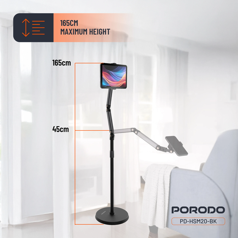 حامل للهاتف والاجهزه اللوحبه بطول 1.65متر مع دوران 360 درجه من porodo