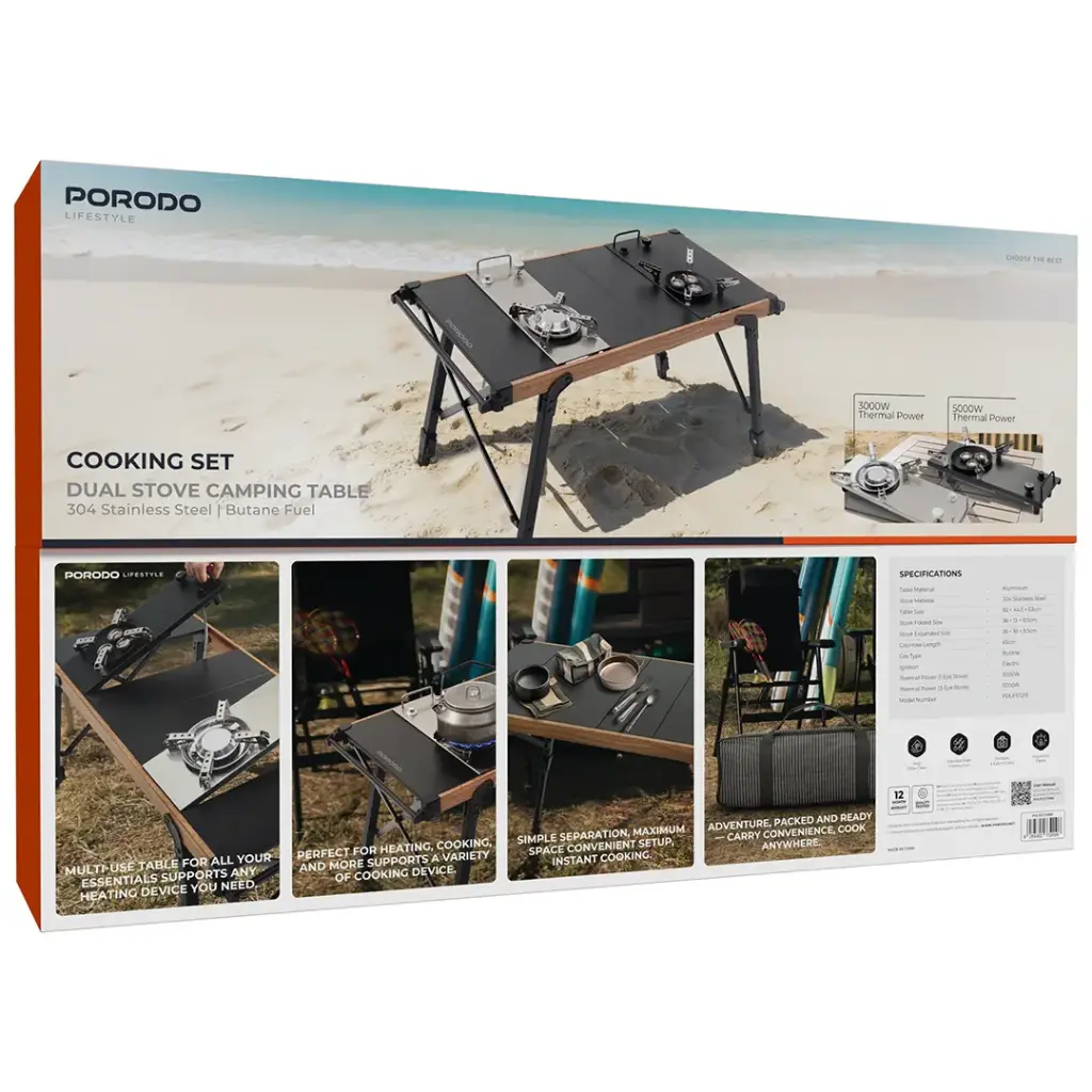 طاولة قابلة للطي مع موقدين طهي محمولة بتصميم عملي للرحلات والتخييم من Porodo