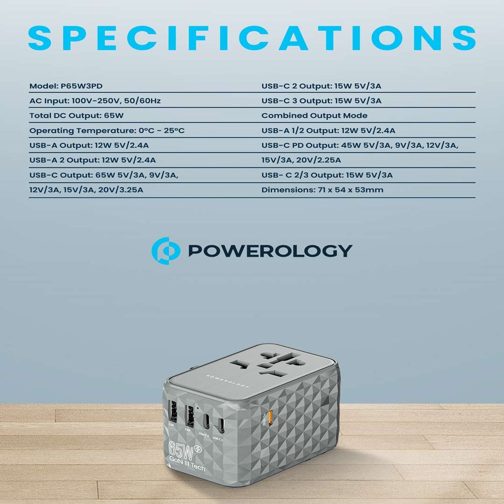 محول سفر عالمي متعدد المنافذ من powerology بقدرة 65 واط (3 منافذ Type-C / منفذين USB-A)
