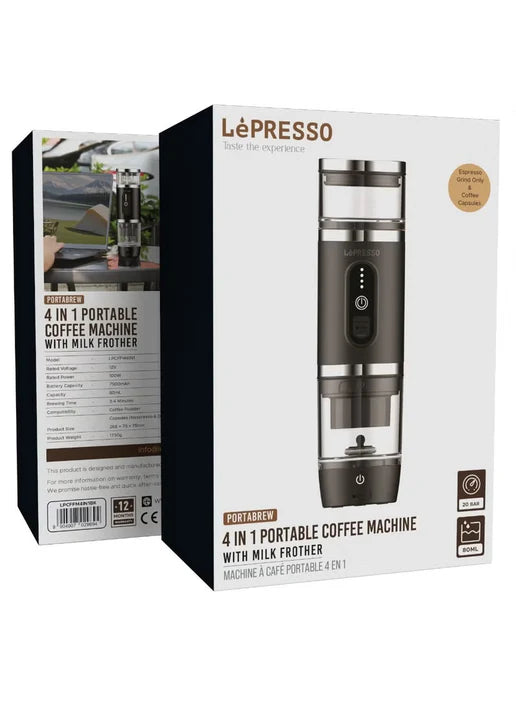 ماكينة قهوة محمولة 4 في 1 مع خفاق حليب، متوافقة مع كبسولات نسبريسو ودولسي جوستو وبودرة القهوة من Lepresso