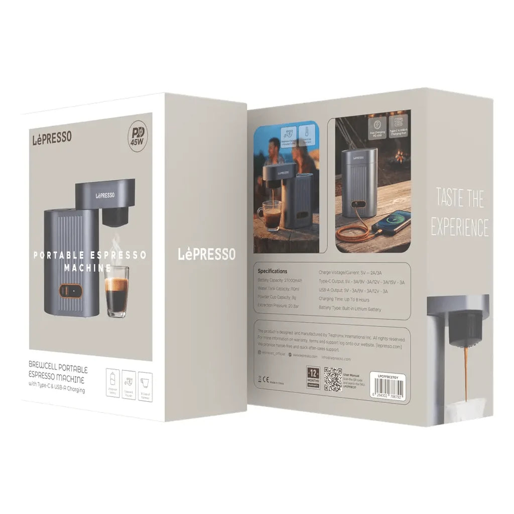 ماكينة إسبريسو محمولة LePresso BrewCell مع شحن USB-C وUSB-A بقدرة PD 45W – رمادي