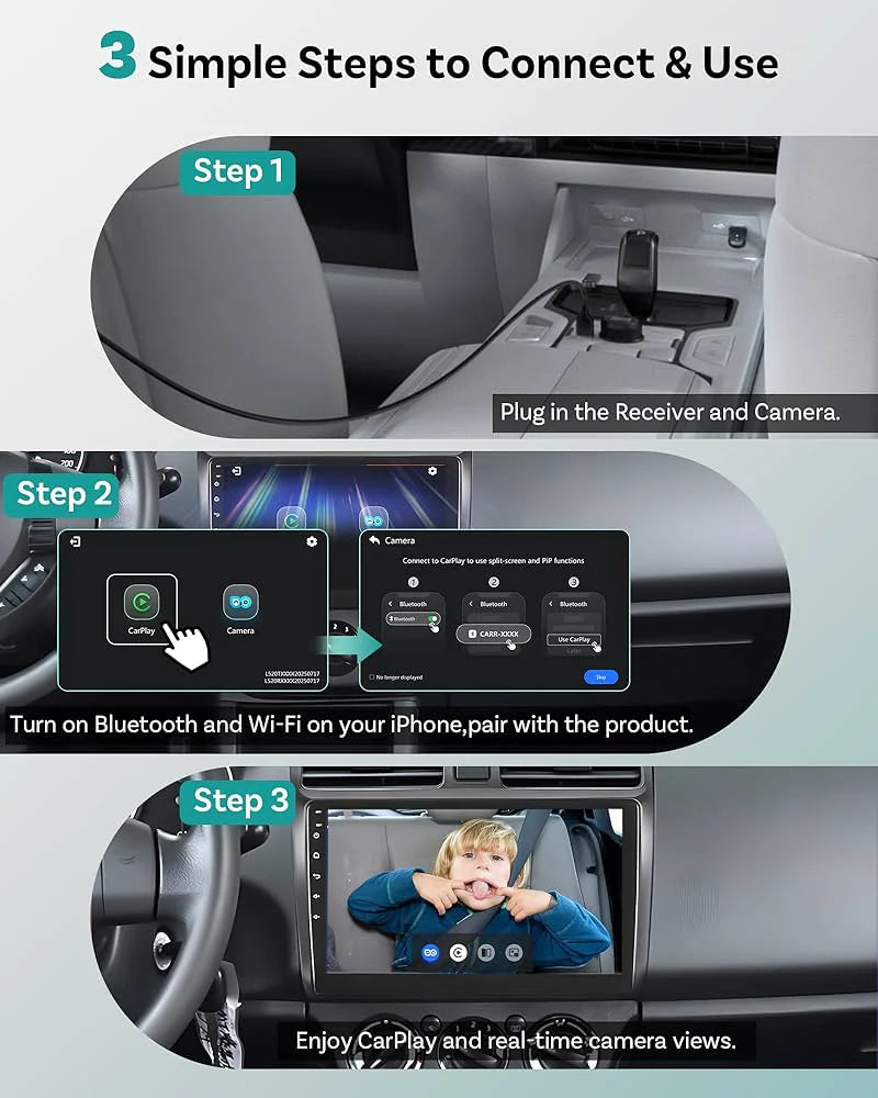 CarPlay adapter for car with rear baby monitor camera and 1080P wireless CarPlay support