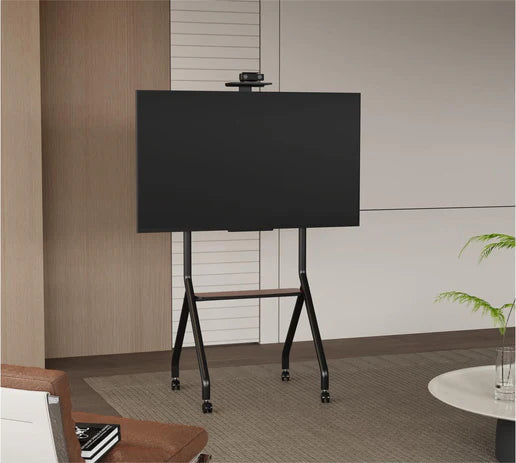 Swivel Metal TV Stand with four lockable wheels and a modern design for offices and homes