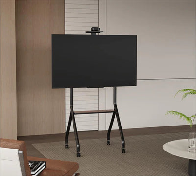 Swivel Metal TV Stand with four lockable wheels and a modern design for offices and homes