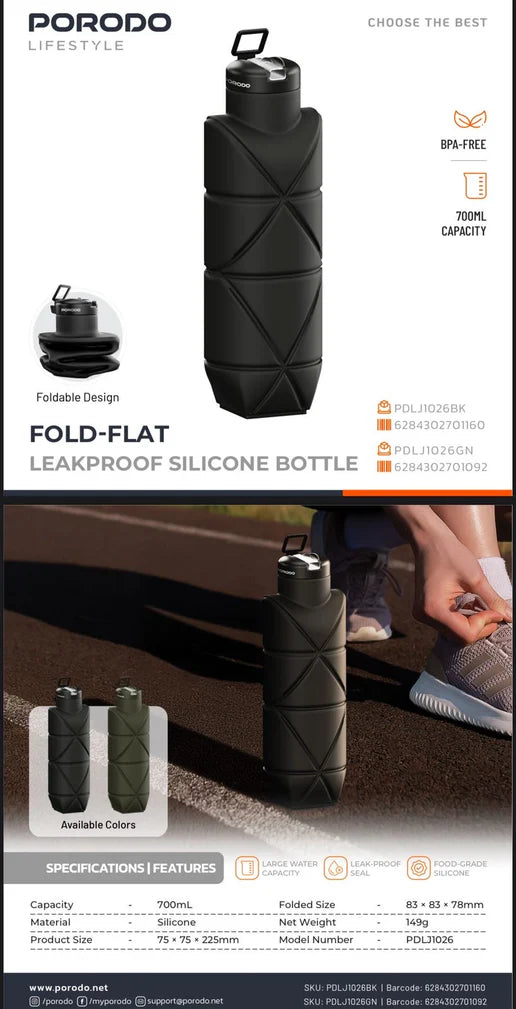 قارورة ماء سيليكون قابلة للطي محكمة الإغلاق من Porodo Lifestyle – سعة 700 مل