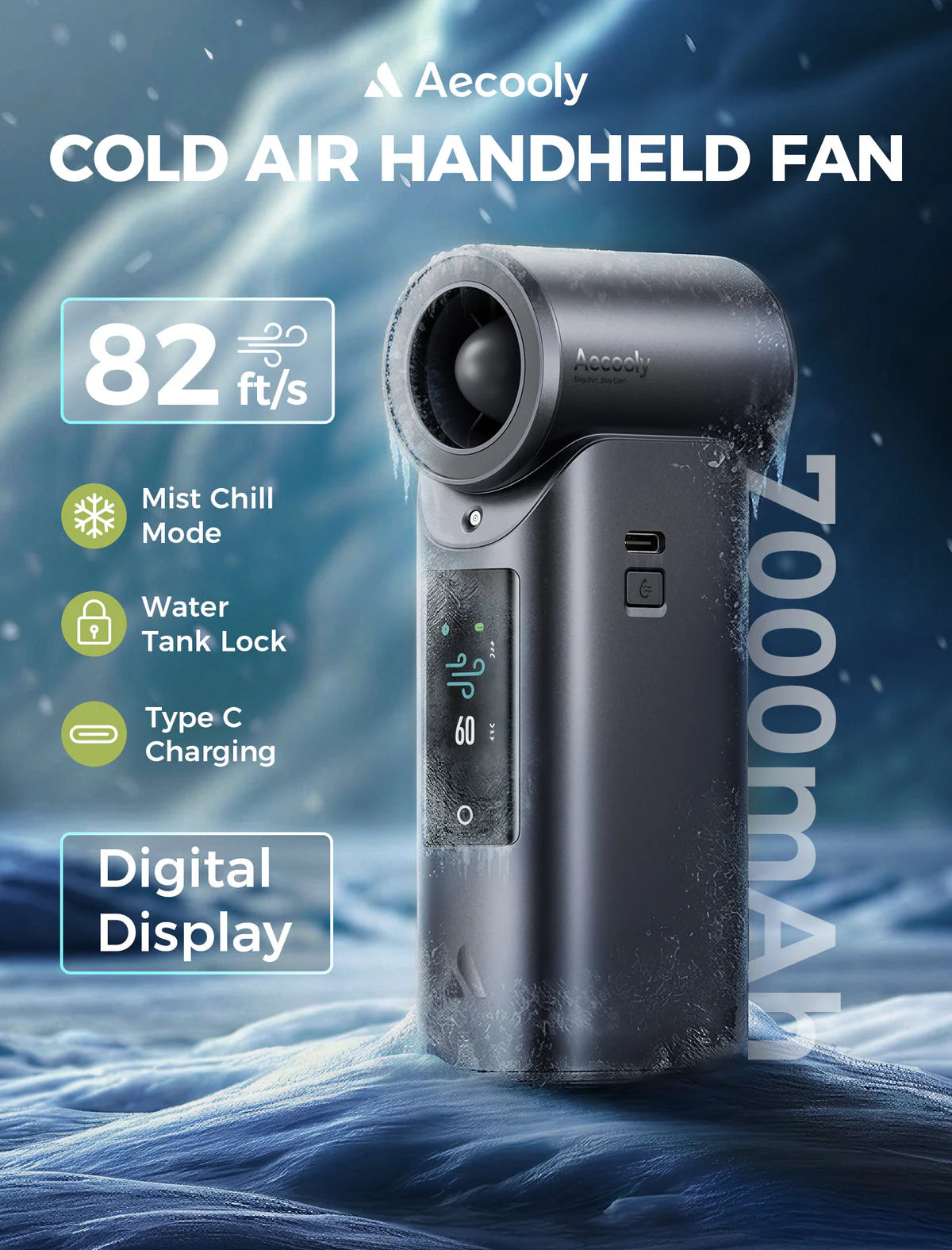مروحة Aecooly Cold Air Ultra المحمولة بالرذاذ المبرد – شاشة لمس ملونة وبطارية 7000 مل أمبير