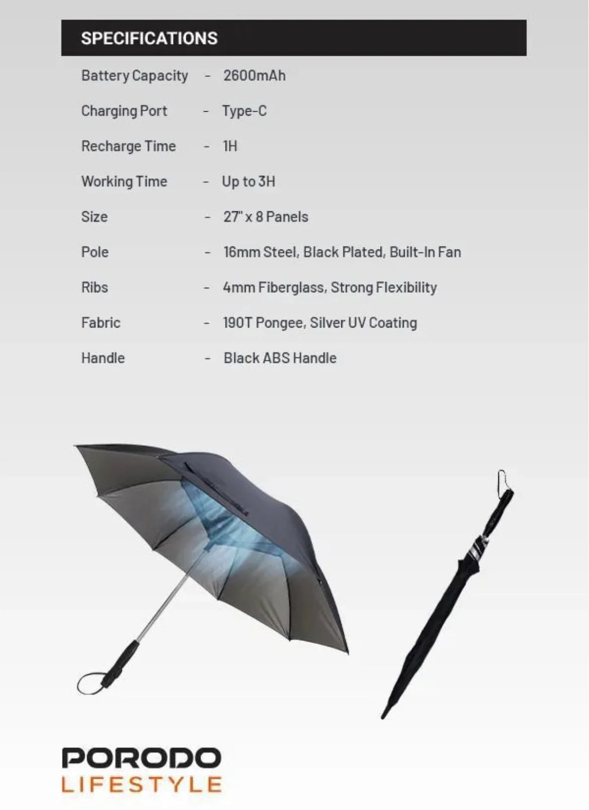 Porodo Lifestyle Umbrella with Fan, Cooling Mist, and UV Protection