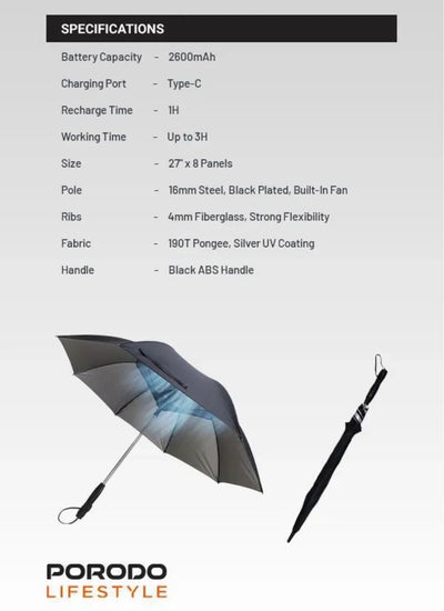 Porodo Lifestyle Umbrella with Fan, Cooling Mist, and UV Protection