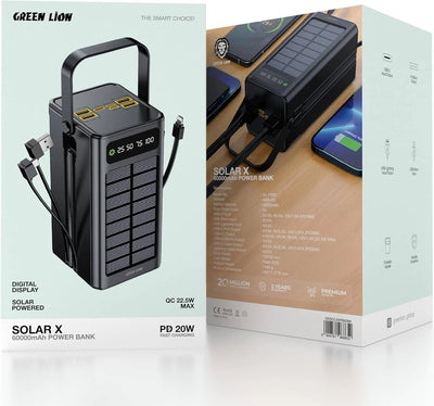 باور بانك شمسي 60000mAh متعدد المنافذ مع شحن سريع – Green Lion Solar X