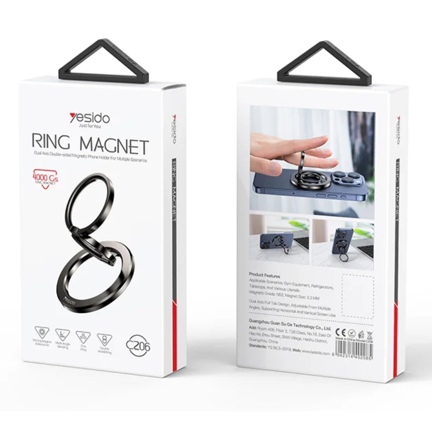 YESIDO C206 حامل حلقة مزدوجة من سبائك الزنك المغناطيسية القابلة للطي للهاتف المحمول