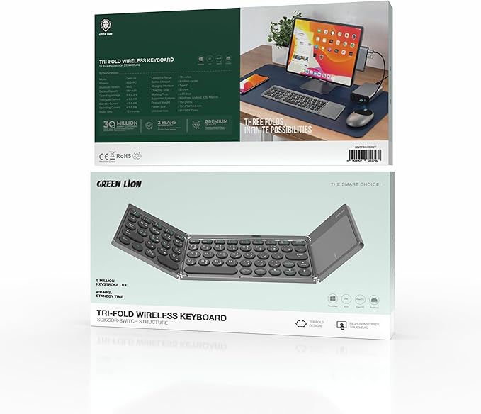 Foldable Wireless Triple-Fold Keyboard with Arabic and English Layout, High-Sensitivity Touchpad, 400-Hour Standby Time, Silent and Responsive Foldable Keys, Compatible with iOS, Mac, Android, and Windows - Gray