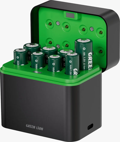 شاحن بطاريات Green Lion 4 بطاريات AA و4 بطاريات AAA القابلة لإعادة الشحن