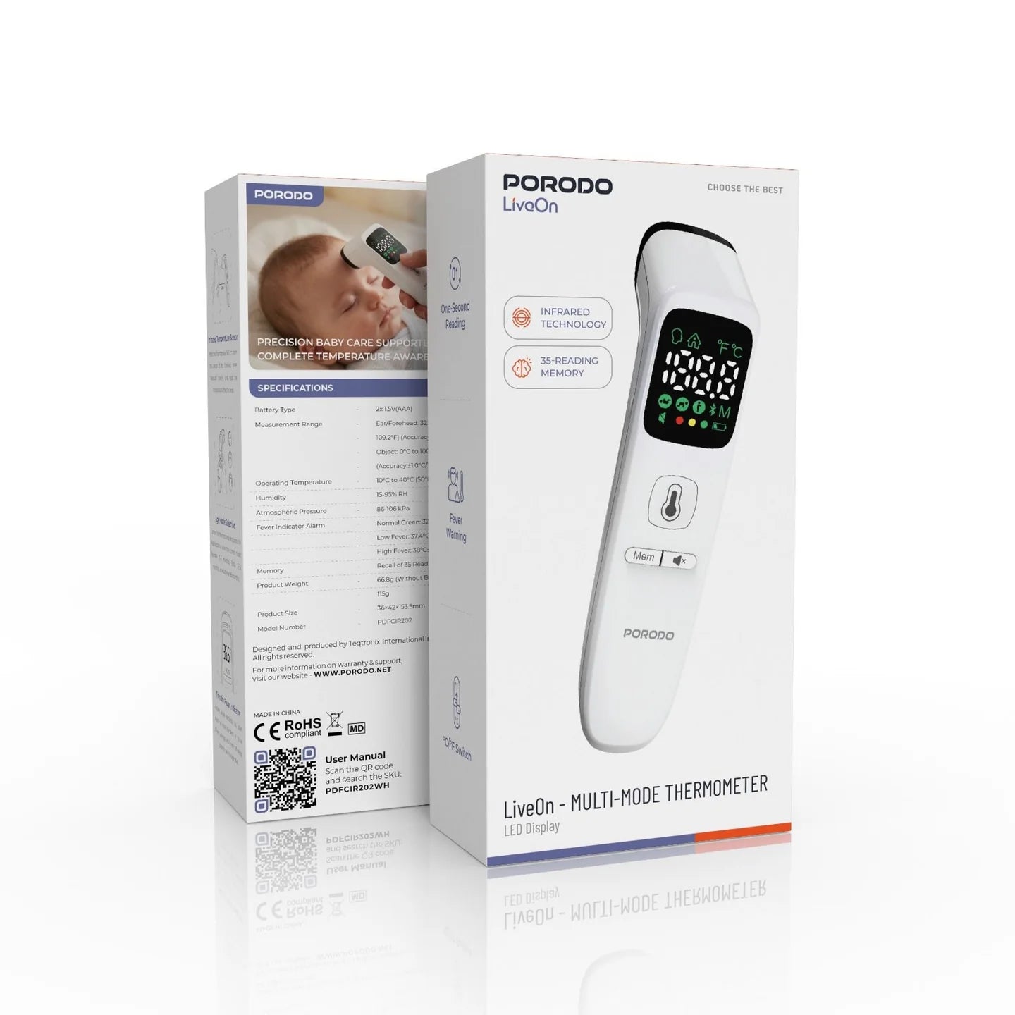 جهاز قياس حرارة رقمي بالأشعة تحت الحمراء مع شاشة LED - Porodo LivOon Multi-Mode Thermometer