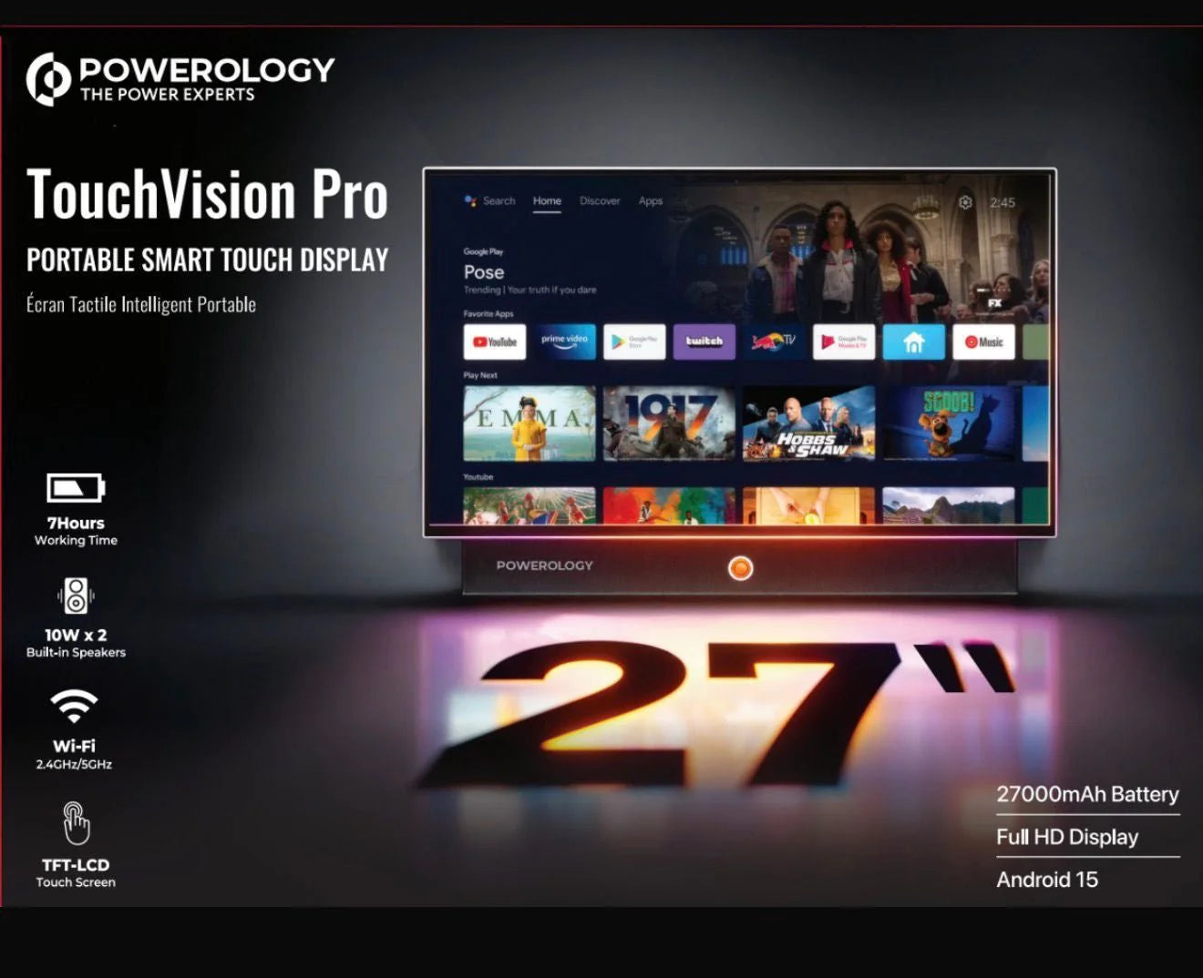 Powerology TouchVision Pro 27 Inch Portable Smart Display – Android Touch Screen with Built-in Battery