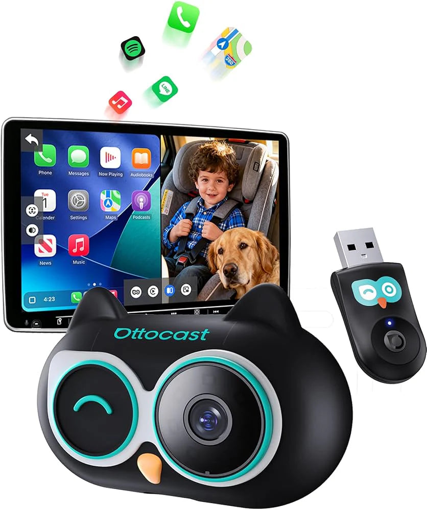CarPlay adapter for car with rear baby monitor camera and 1080P wireless CarPlay support