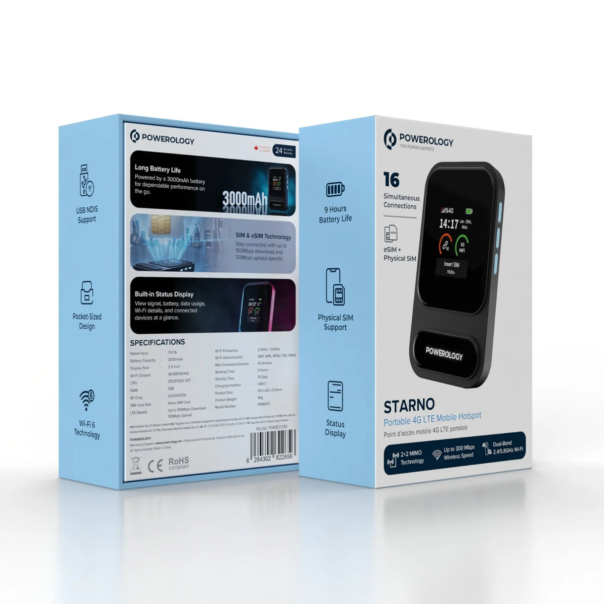 راوتر Powerology Starno 4G LTE محمول مع eSIM وWi-Fi 6 وبطارية 3000mAh وشاشة 2 بوصه