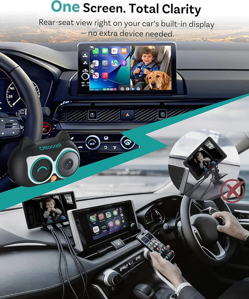 CarPlay adapter for car with rear baby monitor camera and 1080P wireless CarPlay support