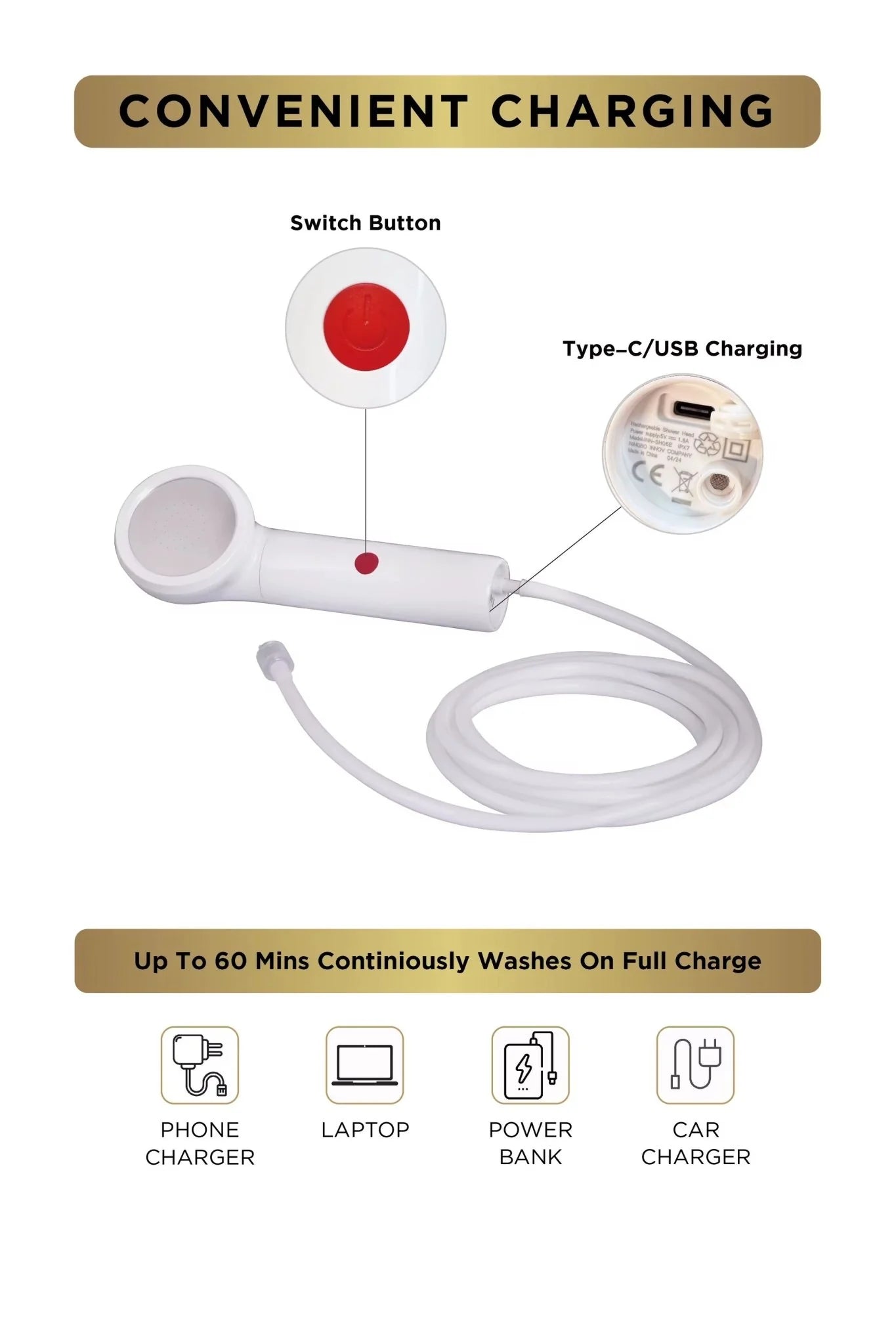 INNOV Portable Electric Shower for Camping and Travel with Built-in 1800mAh Battery and 20L Water Tank