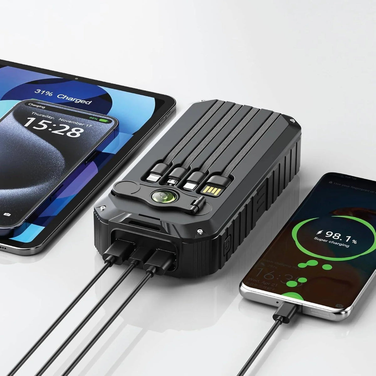 Green Lion Solar Mate 20000mAh Power Bank with 20W Fast Charging, 4 Built-in Cables, Dual Flashlight, and Solar Charging