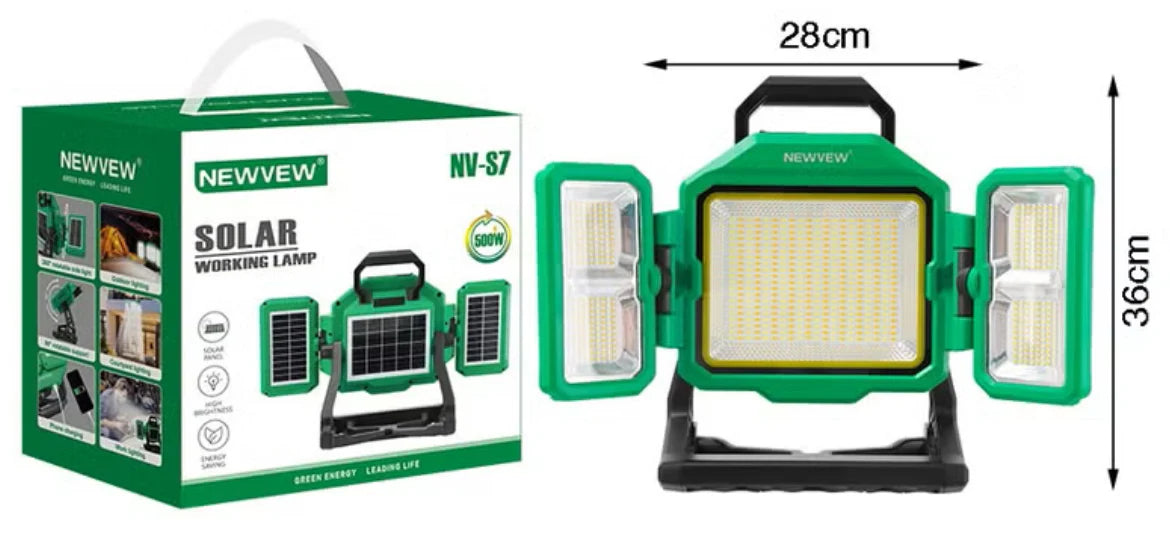 مصباح عمل محمول بالطاقة الشمسية 600 واط – 276 ليد فائق السطوع – بطارية 3300mAh – شحن USB-C وشمسي – مقاوم للماء