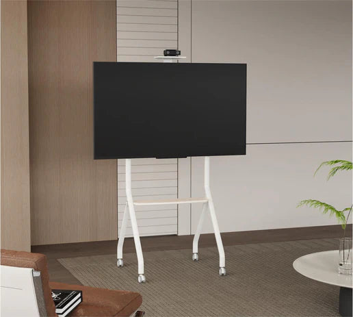 Swivel Metal TV Stand with four lockable wheels and a modern design for offices and homes