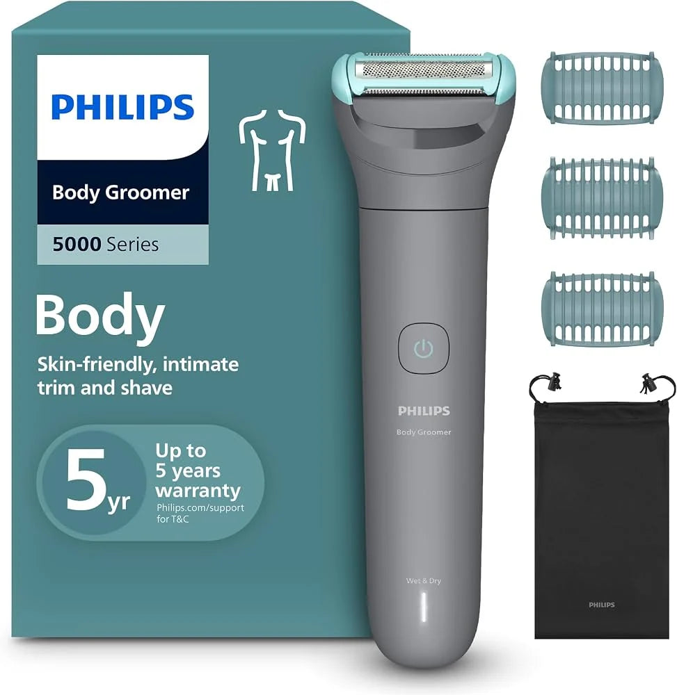 ماكينة تشذيب شعر الجسم، مقاومة للماء 100%، شحن USB، تشغيل لاسلكي حتى 80 دقيقة من Philips