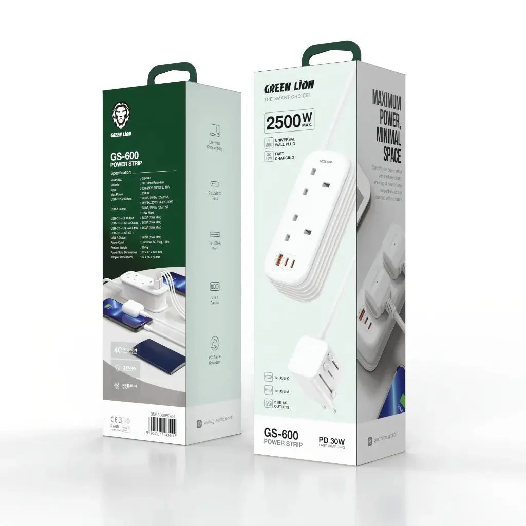 Green Lion GS-600 مشترك كهربائي متعدد ا ومقبسان UK مع شحن سريع PD 30W