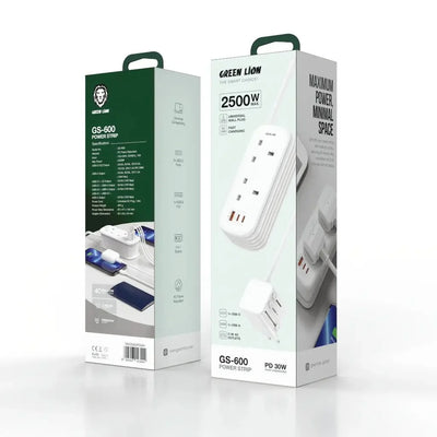 Green Lion GS-600 مشترك كهربائي متعدد ا ومقبسان UK مع شحن سريع PD 30W