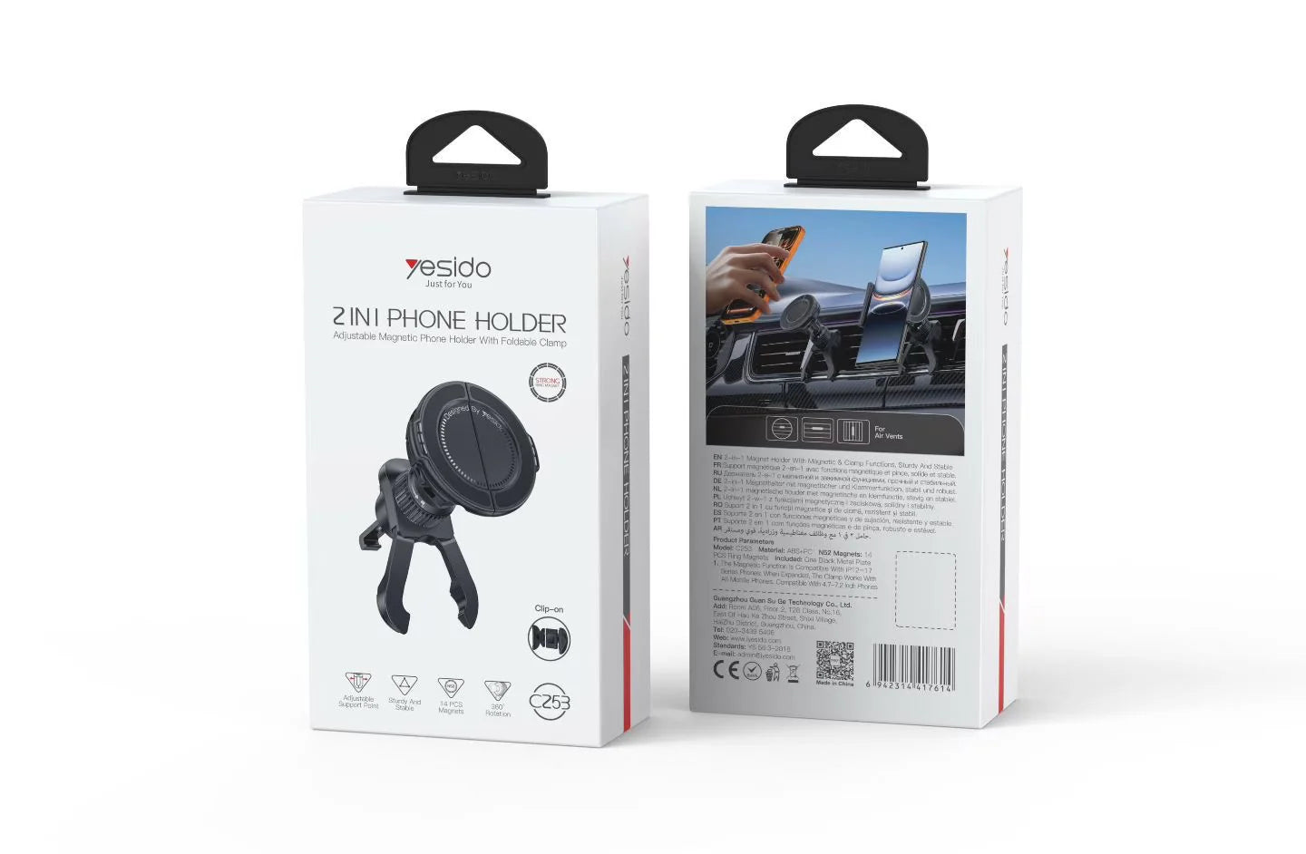 Yesido 2-in-1 Car Phone Holder with Magnetic Stability and Secure Clip for Air Vent Mounting