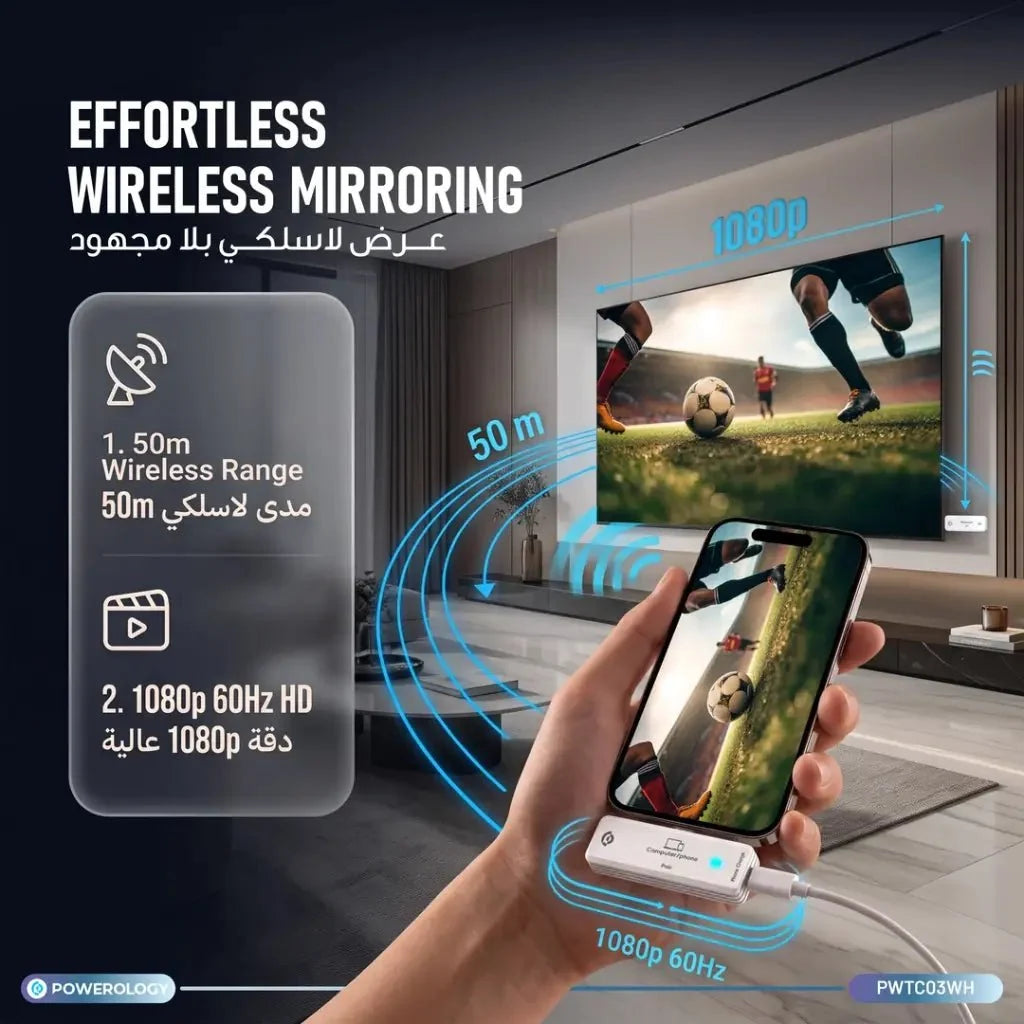 محول Powerology AIROMA اللاسلكي من USB-C إلى HDMI بدقة Full HD 1080P 60Hz ومدى 50 متر