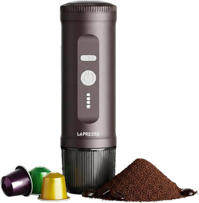 ماكينة إسبريسو محمولة ذاتية التسخين – متوافقة مع كبسولات Nespresso والقهوة المطحونة – ضغط 20 بار من LePresso