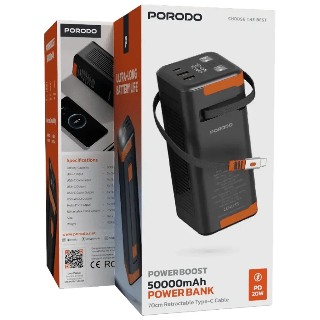 باور بانك 50000mAh مع كابل USB-C قابل للسحب وشاشة رقمية من Porodo