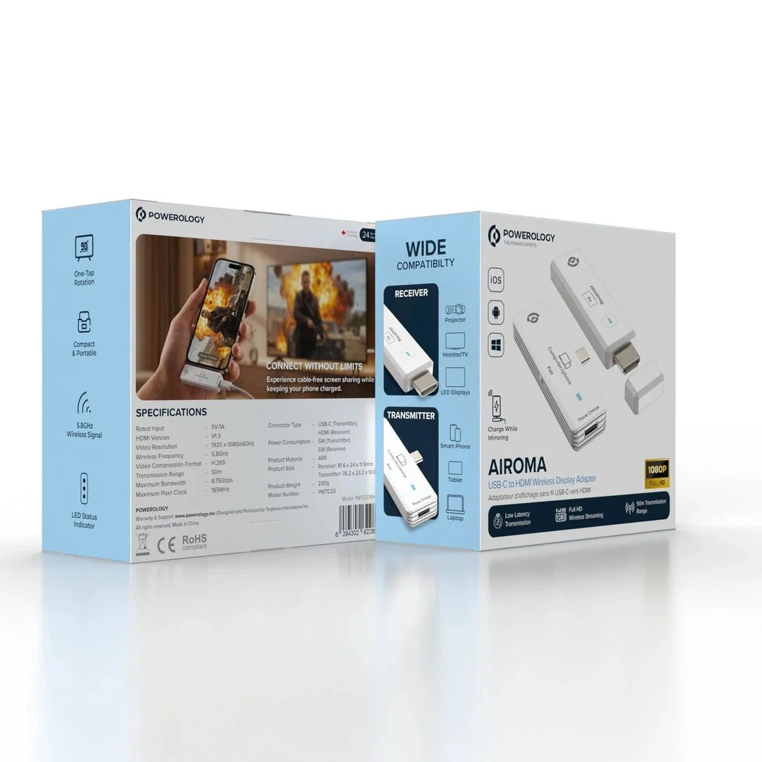 محول Powerology AIROMA اللاسلكي من USB-C إلى HDMI بدقة Full HD 1080P 60Hz ومدى 50 متر