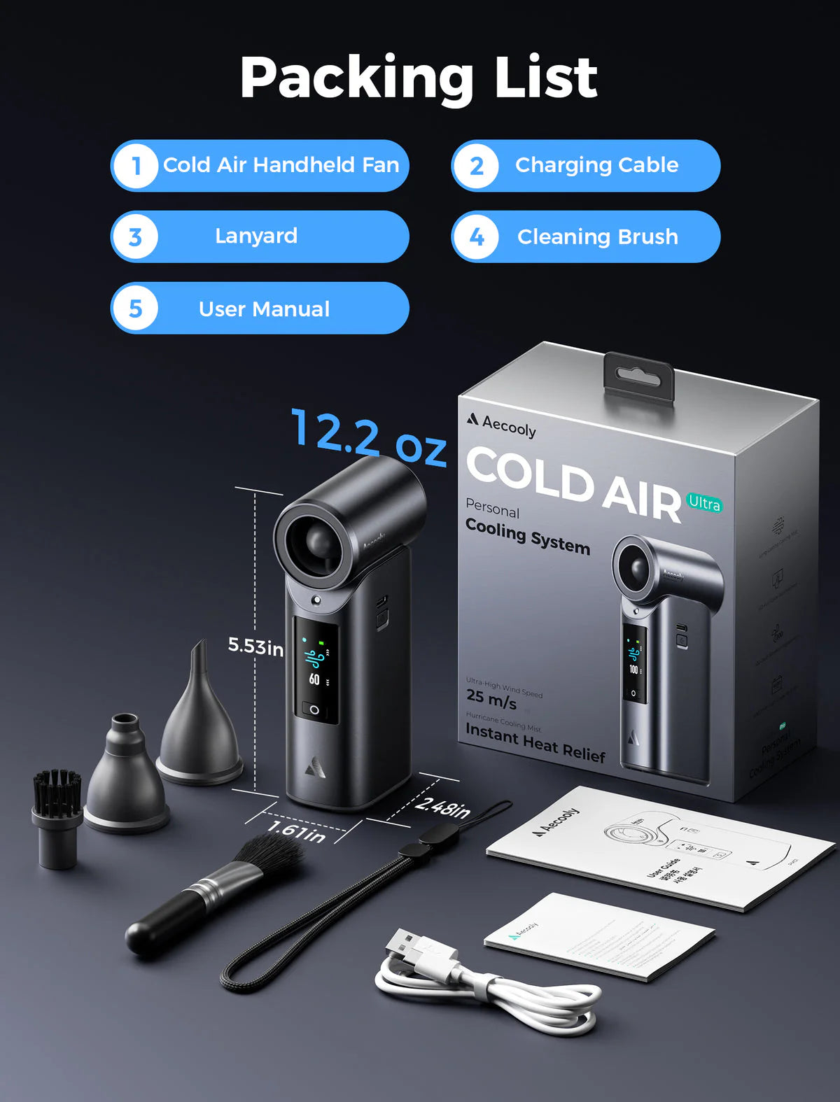 مروحة Aecooly Cold Air Ultra المحمولة بالرذاذ المبرد – شاشة لمس ملونة وبطارية 7000 مل أمبير