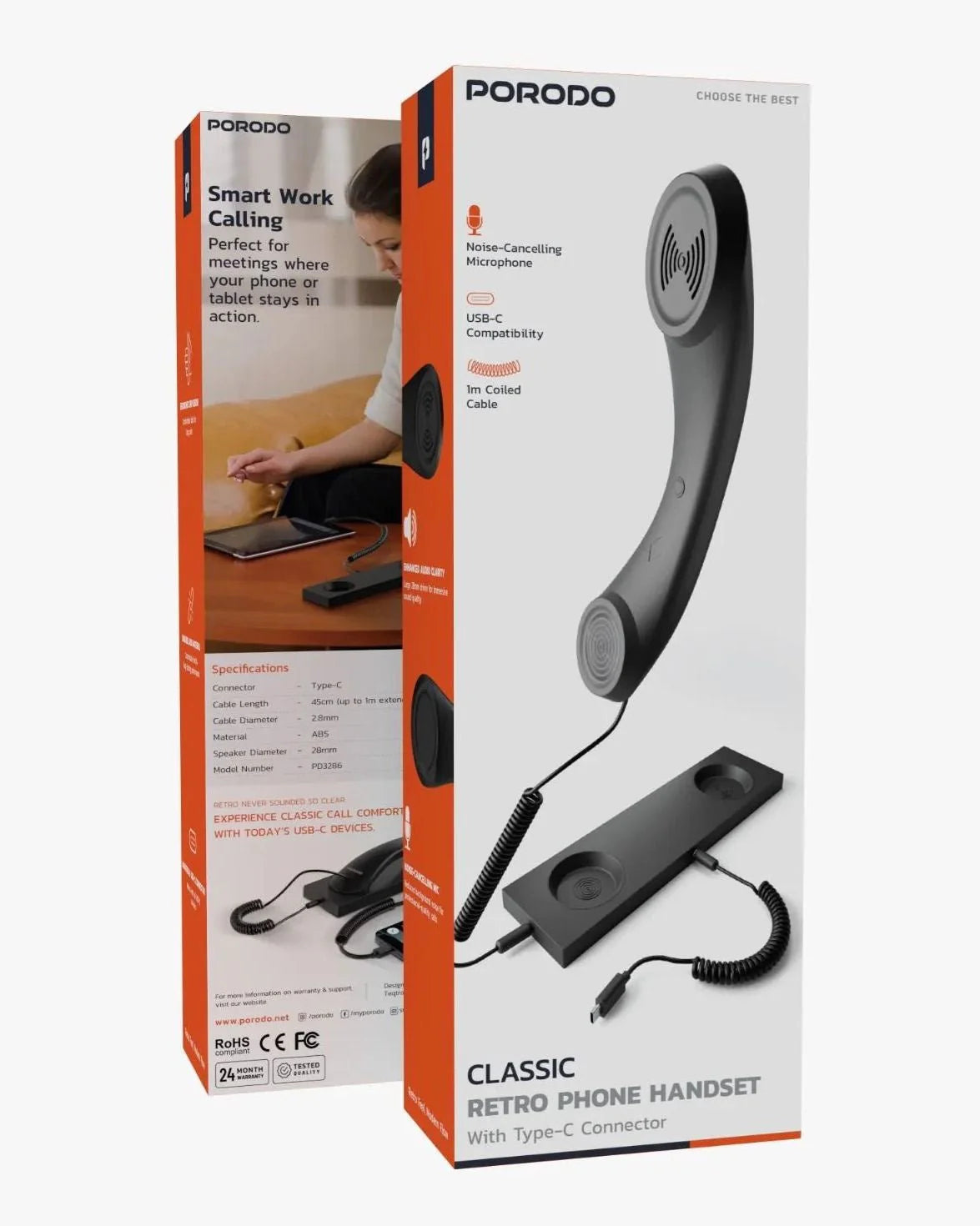 Porodo Retro Handset USB-C with Noise-Cancelling Mic – Stylish Desk Design