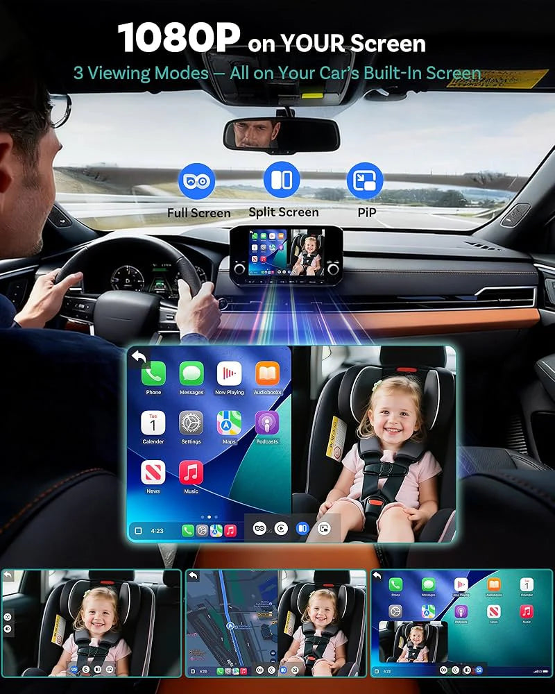 CarPlay adapter for car with rear baby monitor camera and 1080P wireless CarPlay support