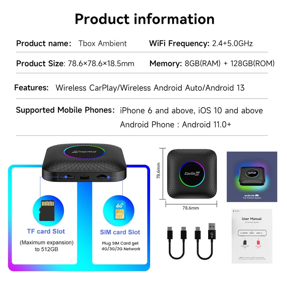 Carlink 8 + 128Gb Led Light Custom Carlinkit Car Play Smart Box Ai Box For  Wireless Carplay Car Tiktok