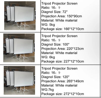 شاشة عرض قابلة للطي محمولة للبروجيكتور مع حامل ثلاثي سهل التثبيت مقاس 72 انش