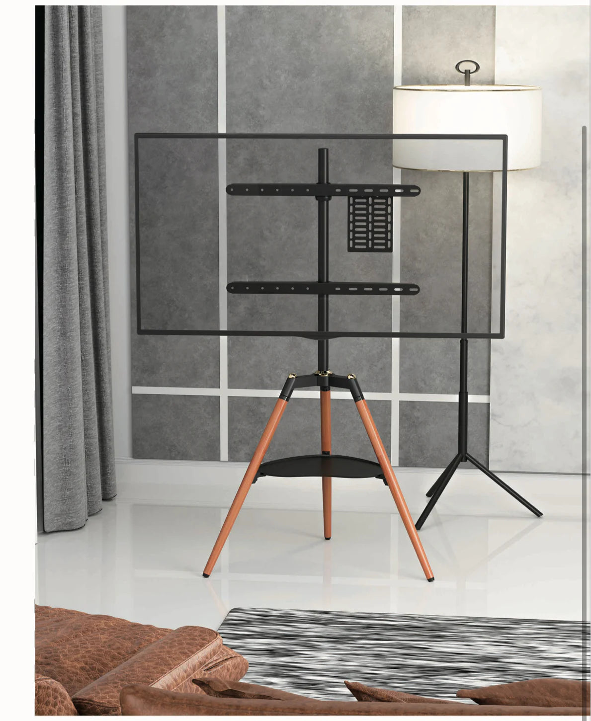 حامل تلفاز خشبي فاخر ثلاثي القوائم بتصميم فني مع رف – يدعم حتى 75 بوصة