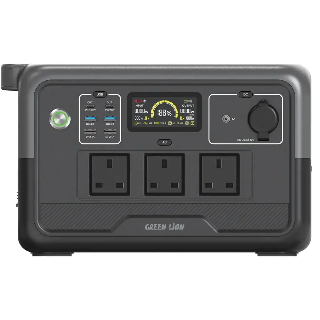 Green Lion PGX1200 Portable Power Station 800W - 30000mAh LiFePO4 Battery & Solar Charging Support