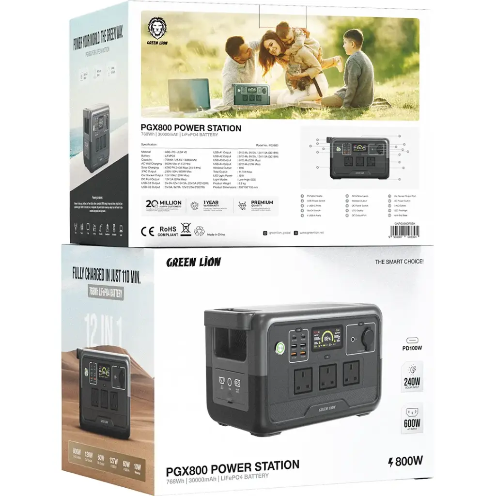 Green Lion PGX1200 Portable Power Station 800W - 30000mAh LiFePO4 Battery & Solar Charging Support
